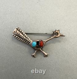 Vintage Navajo Sterling Silver Coral And Turquoise Pin