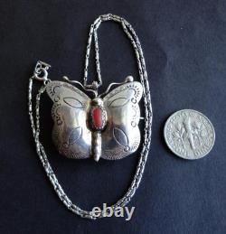 Vintage Navajo Sterling Silver Coral Butterfly Pendant/pin Necklace Signed