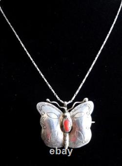 Vintage Navajo Sterling Silver Coral Butterfly Pendant/pin Necklace Signed