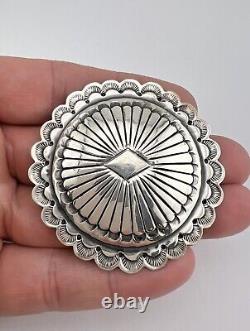 Vintage Navajo Sterling Silver Deep Stamped Round Concho Pin Brooch 2.25