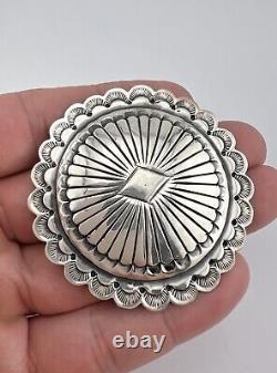 Vintage Navajo Sterling Silver Deep Stamped Round Concho Pin Brooch 2.25