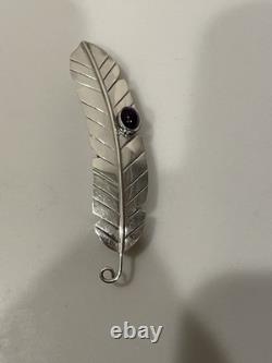 Vintage Navajo Sterling Silver Feather Brooch Pin Amethyst Cabochon