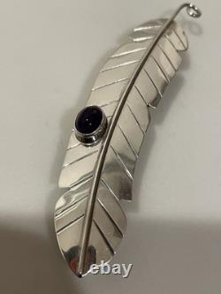 Vintage Navajo Sterling Silver Feather Brooch Pin Amethyst Cabochon