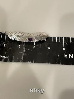 Vintage Navajo Sterling Silver Feather Brooch Pin Amethyst Cabochon