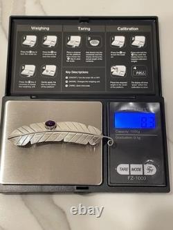 Vintage Navajo Sterling Silver Feather Brooch Pin Amethyst Cabochon