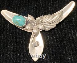 Vintage Navajo Sterling Silver Flower Leaf Turquoise Spread Wings Pin Brooch
