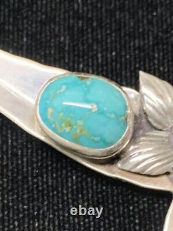 Vintage Navajo Sterling Silver Flower Leaf Turquoise Spread Wings Pin Brooch