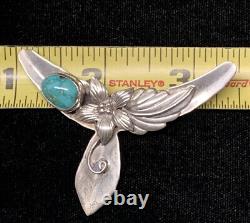 Vintage Navajo Sterling Silver Flower Leaf Turquoise Spread Wings Pin Brooch