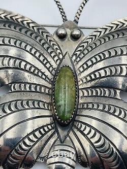 Vintage Navajo Sterling Silver Green Turquoise Extra Large Butterfly Pin Pendant