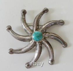 Vintage Navajo Sterling Silver Sand Cast & Turquoise Pinwheel Star Pin Brooch