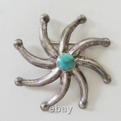Vintage Navajo Sterling Silver Sand Cast & Turquoise Pinwheel Star Pin Brooch