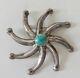 Vintage Navajo Sterling Silver Sand Cast & Turquoise Pinwheel Star Swirl Pin Bro