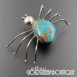 Vintage Navajo Sterling Silver Spiderweb Turquoise Spider Brooch Pin