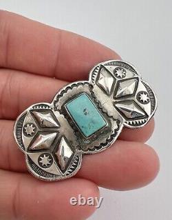 Vintage Navajo Sterling Silver Stamped Turquoise Bowtie Concho Pin Brooch 1 7/8