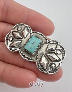 Vintage Navajo Sterling Silver Stamped Turquoise Bowtie Concho Pin Brooch 1 7/8