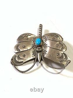 Vintage Navajo Sterling Silver Stamped Turquoise Butterfly Brooch Pin