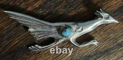 Vintage Navajo Sterling Silver Turquoise Accent Roadrunner Pin Broch