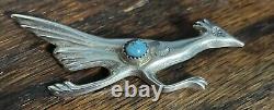 Vintage Navajo Sterling Silver Turquoise Accent Roadrunner Pin Broch