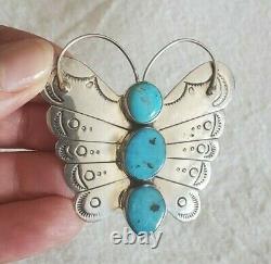 Vintage Navajo Sterling Silver Turquoise Butterfly Native Pin Brooch Signed JL