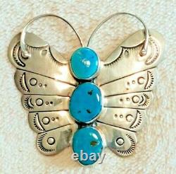 Vintage Navajo Sterling Silver Turquoise Butterfly Native Pin Brooch Signed JL