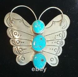 Vintage Navajo Sterling Silver Turquoise Butterfly Native Pin Brooch Signed JL