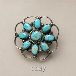Vintage Navajo Sterling Silver Turquoise Cluster Brooch Pin JW MS Signed 1.5in