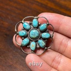 Vintage Navajo Sterling Silver Turquoise Cluster Brooch Pin JW MS Signed 1.5in