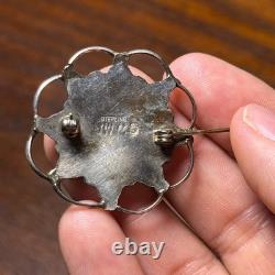 Vintage Navajo Sterling Silver Turquoise Cluster Brooch Pin JW MS Signed 1.5in