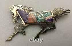 Vintage Navajo Sterling Silver Turquoise Coral Sugilite Horse Native Brooch Pin