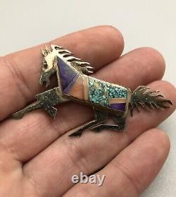 Vintage Navajo Sterling Silver Turquoise Coral Sugilite Horse Native Brooch Pin