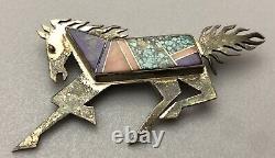Vintage Navajo Sterling Silver Turquoise Coral Sugilite Horse Native Brooch Pin