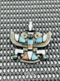 Vintage Navajo Sterling Silver Turquoise Onyx Inlay Kachina Brooch Pin