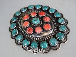 Vintage Navajo Sterling Silver Turquoise & Spiny Oyster Concho Cluster Pin