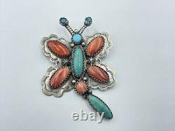 Vintage Navajo Sterling Silver Turquoise Spiny Oyster Dragonfly Pin Brooch