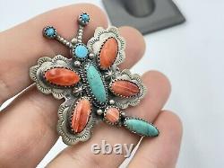 Vintage Navajo Sterling Silver Turquoise Spiny Oyster Dragonfly Pin Brooch