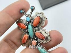 Vintage Navajo Sterling Silver Turquoise Spiny Oyster Dragonfly Pin Brooch