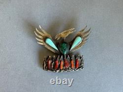Vintage Navajo Sterling Silver with Turquoise, Coral and Malachite Phoenix Pin