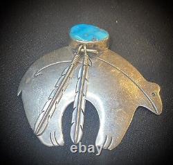 Vintage Navajo Sterling & Turquoise Bear Withfeathers Brooch Signed Wayne Etsitty