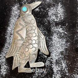 Vintage Navajo Style Old Pawn Indian Silver Turquoise Penguin Pin Brooch