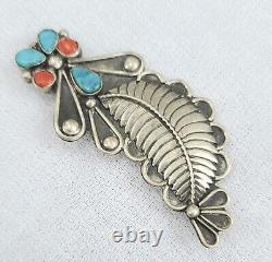 Vintage Navajo Turquiose & Coral Feather Pin