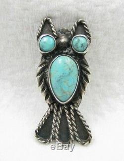 Vintage Navajo Turquoise Owl Sterling Silver Brooch Pin