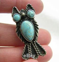 Vintage Navajo Turquoise Owl Sterling Silver Brooch Pin