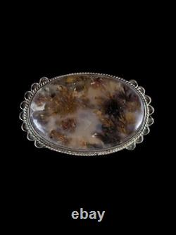 Vintage Navajo Uita19 Agate Scalloped Sterling Silver Brooch Pin