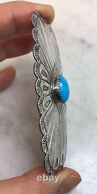 Vintage Old Native American W Signed Sterling Silver Turquoise Pin Brooch 3long