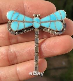Vintage Old Navajo Zuni DRAGONFLY Turquoise Sterling Silver Pin Brooch Pendant