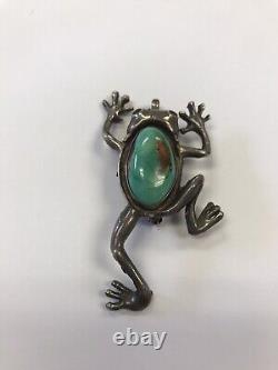 Vintage Old Pawn Native American Sterling Ingot Silver & Turquoise Frog Pin/pend