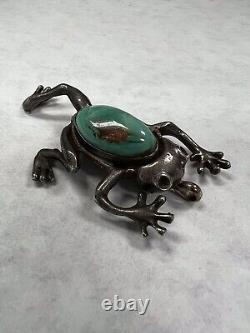 Vintage Old Pawn Native American Sterling Ingot Silver & Turquoise Frog Pin/pend