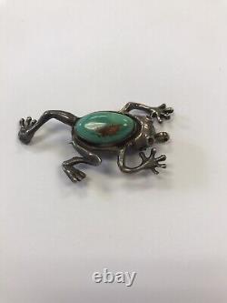 Vintage Old Pawn Native American Sterling Ingot Silver & Turquoise Frog Pin/pend