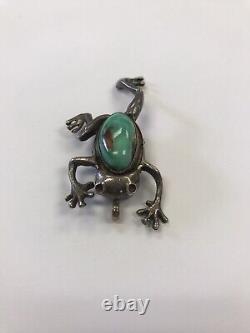 Vintage Old Pawn Native American Sterling Ingot Silver & Turquoise Frog Pin/pend