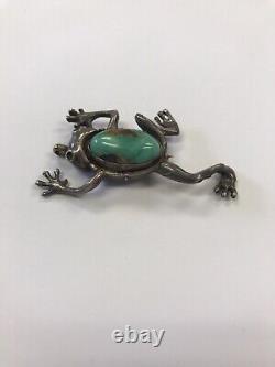 Vintage Old Pawn Native American Sterling Ingot Silver & Turquoise Frog Pin/pend